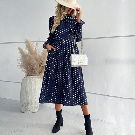 Damen Midi-Kleid mit eleganten Puffärmeln und punktiertem Design EB