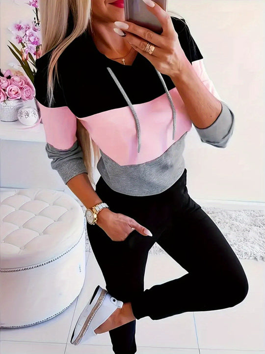 Damen modischer Freizeitpullover mit Kapuze und Farbblockdesign EB