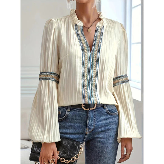 Damen elegante plissierte Bluse mit verzierten Besätzen EB