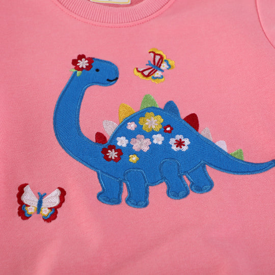 Mädchen Sweatshirt mit buntem Dinosaurier- und Blumenapplikationen EB