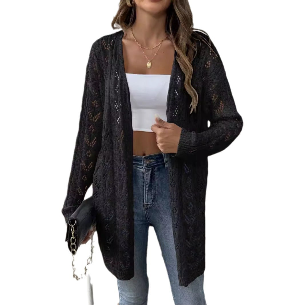 Damen luftiger Strickcardigan mit filigranem Lochmuster EB