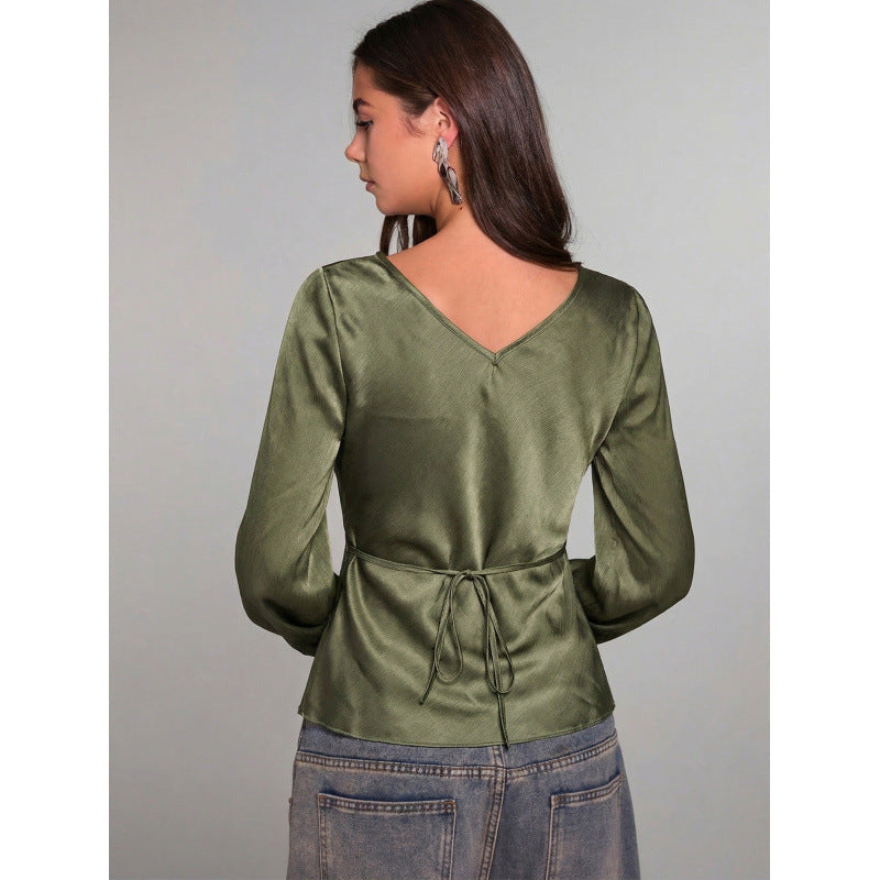 Damen Elegantes Oberteil mit Krawatte und weitem Ärmel EB