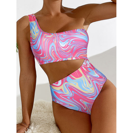 Damen One-Shoulder Bikini-Set mit buntem Muster und hohem Beinausschnitt EB