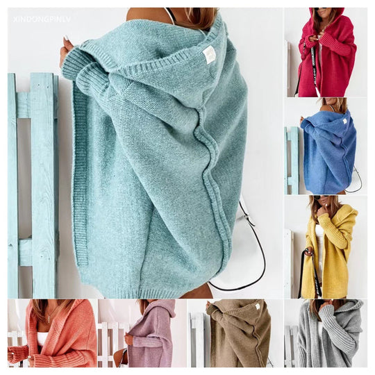 Damen Longline Kapuzen-Strickcardigan mit offener Front EB