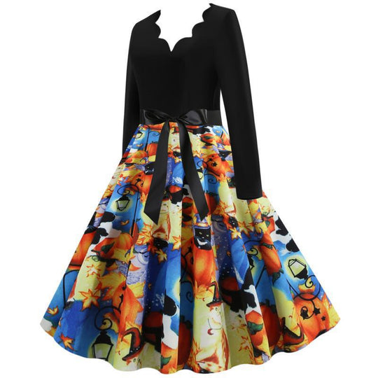 Damen Retro Swingkleid mit gewelltem Ausschnitt, langen Ärmeln und Halloween-Print Tellerrock EB