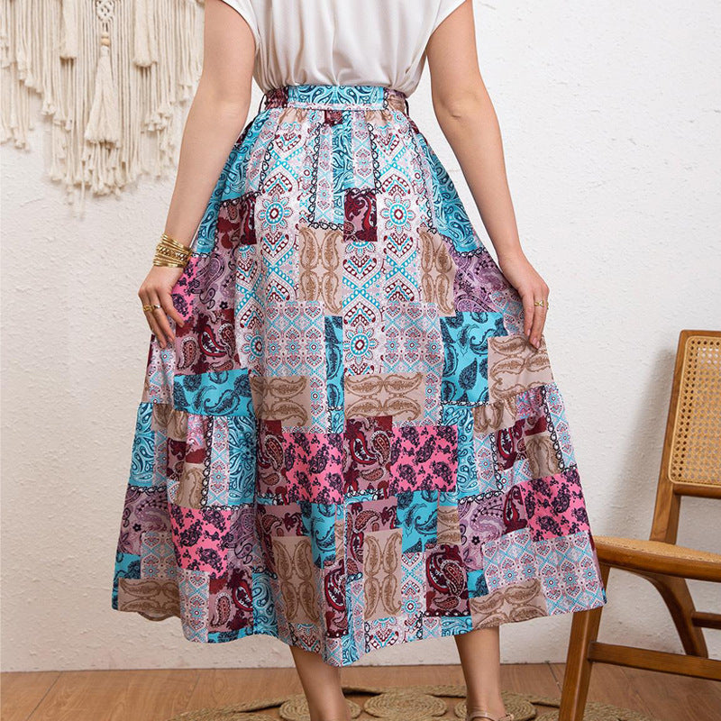 Damen Maxirock mit buntem Patchwork-Design und Taillengürtel EB