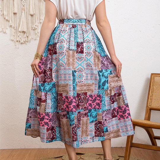 Damen Maxirock mit buntem Patchwork-Design und Taillengürtel EB