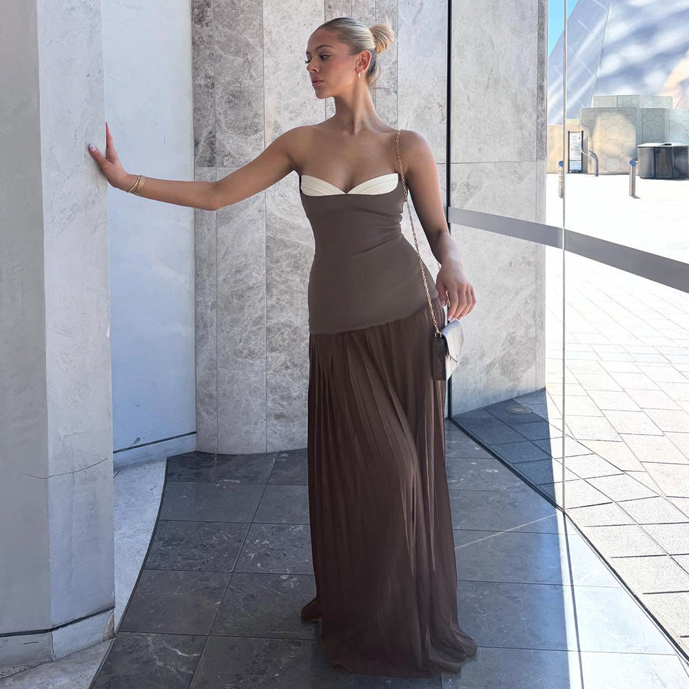 Damen Elegantes Maxikleid mit tiefem V-Ausschnitt und fließendem Rock EB