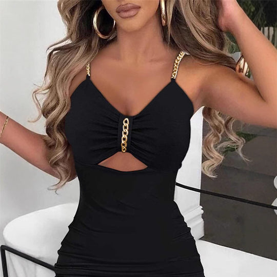 Damen Elegantes Maxikleid mit seitlichem Schlitz und dekorativem Kettendetail EB