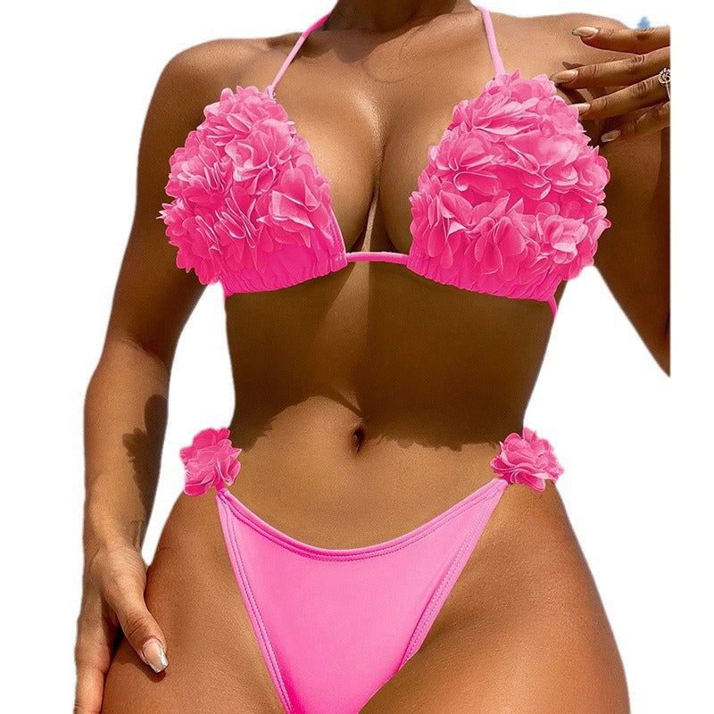 Damen Triangel-Bikini mit floralen 3D-Details und hohem Beinausschnitt EB