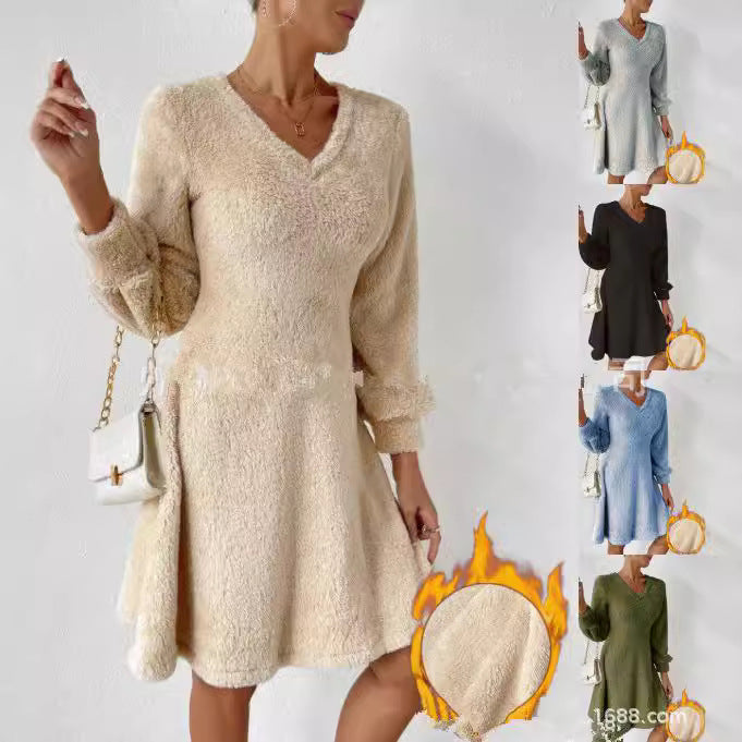 Damen fließendes V-Ausschnitt Kleid mit langen Ärmeln und weichem Fleece EB