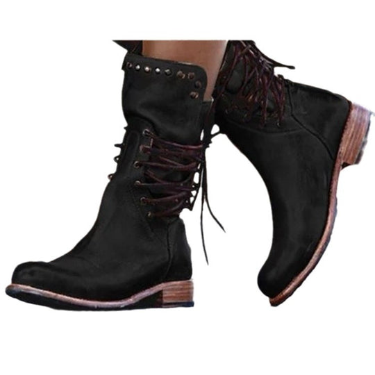 Damen Lederstiefel mit Schnürung und Nieten EB