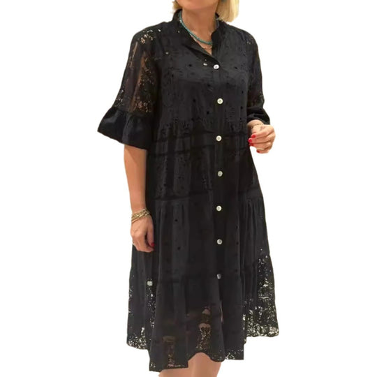 Damen nan romantisches Midikleid mit Broderie-Anglaise, durchgeknöpftem Oberteil, Stehkragen, halblangen Volantärmeln und stufigem Saum EB