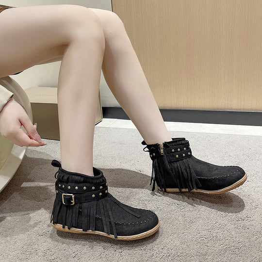 Damen modische Stiefeletten mit Fransen und Nieten EB