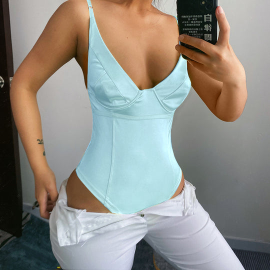 Damen Satin-Bustier-Top mit tiefem V-Ausschnitt und eleganter Passform EB