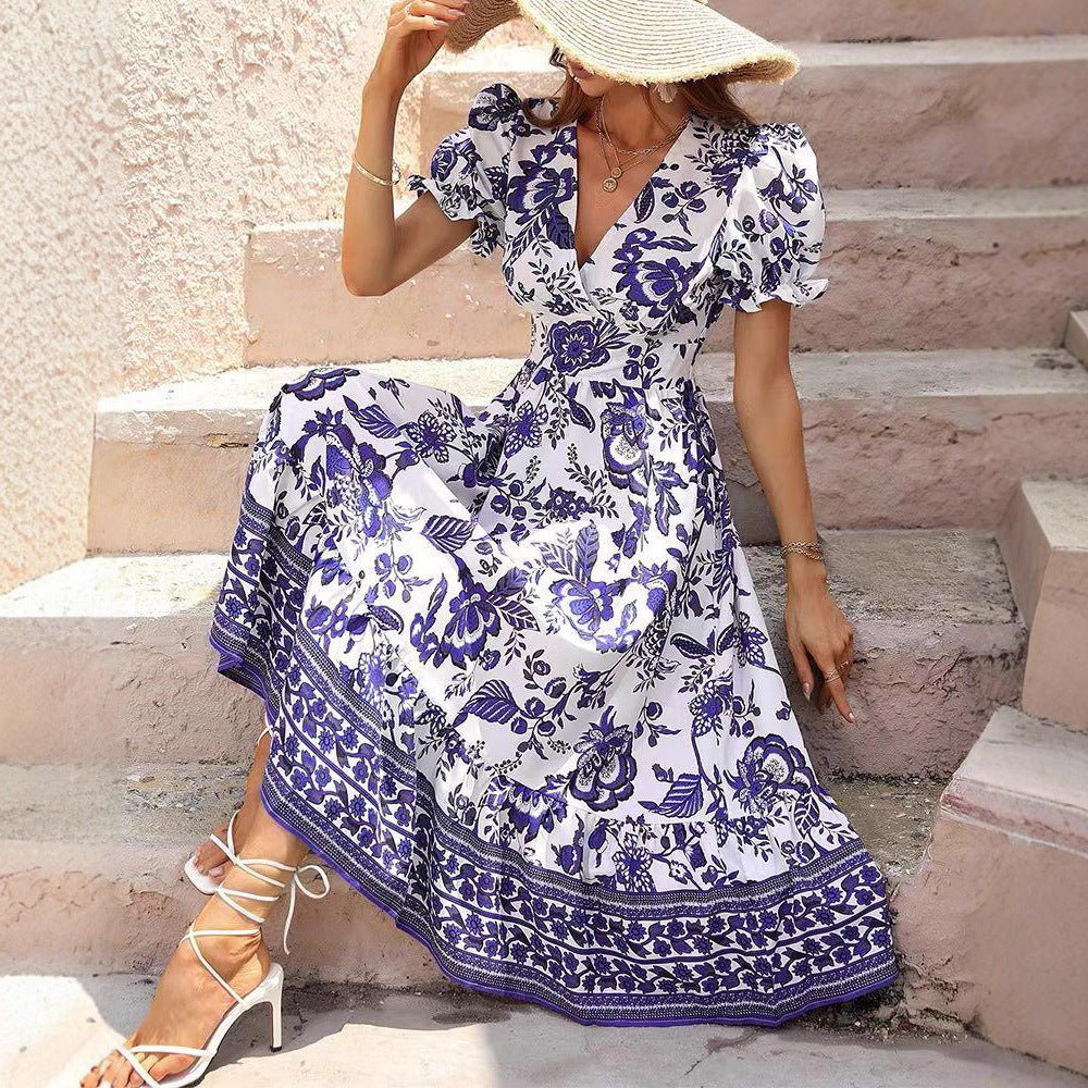 Damen nan boho-inspiriertes Maxikleid mit geraffter Empire-Taille, kurzen Puffärmeln und dekorativem Bordürenprint EB