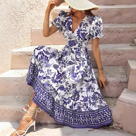 Damen nan boho-inspiriertes Maxikleid mit geraffter Empire-Taille, kurzen Puffärmeln und dekorativem Bordürenprint EB