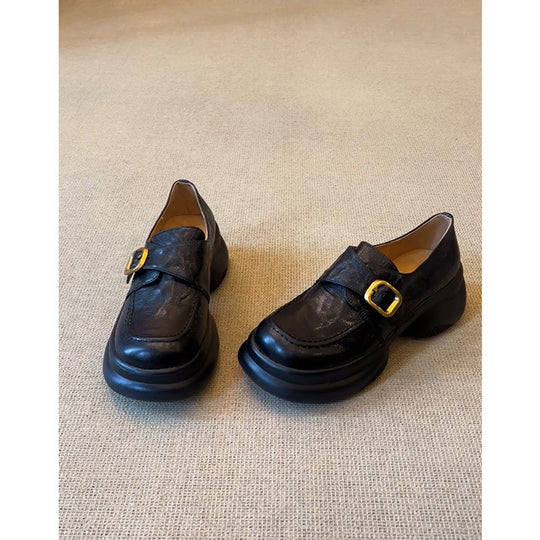 Damen elegante Loafers mit klobigem Absatz und dekorativem Schnallenakzent EB