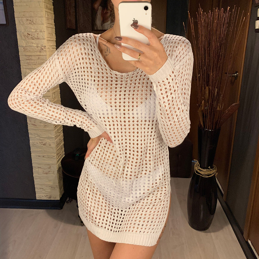 Damen gestricktes Netzkleid mit langem Arm und seitlichen Schlitzen EB