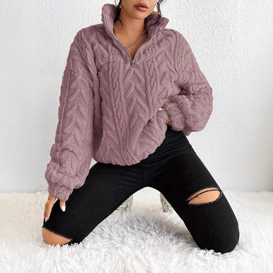 Damen Flauschiger Oversized-Pullover mit Zipper und Rippstruktur EB