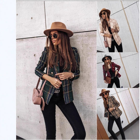 Damen nan eleganter Tweed-Blazer mit Doppelknopf, strukturierter Webung und aufgesetzten Taschen EB