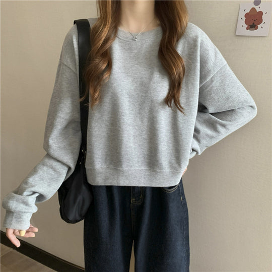 Damen lässiger cropped Pullover aus weichem Baumwollmix mit modischem Rundhalsausschnitt EB