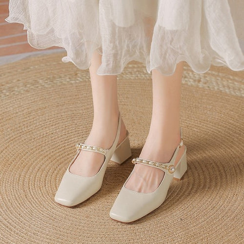 Damen Slingback-Pumps mit quadratischem Absatz und Perlenakzenten EB