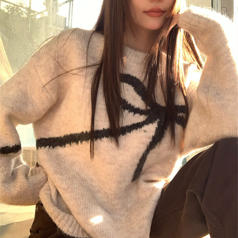 Damen Strickpullover mit modischem Schleifenmuster EB