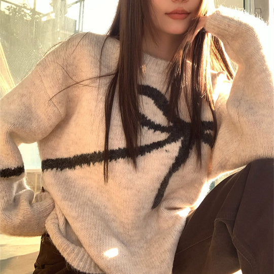 Damen Strickpullover mit modischem Schleifenmuster EB