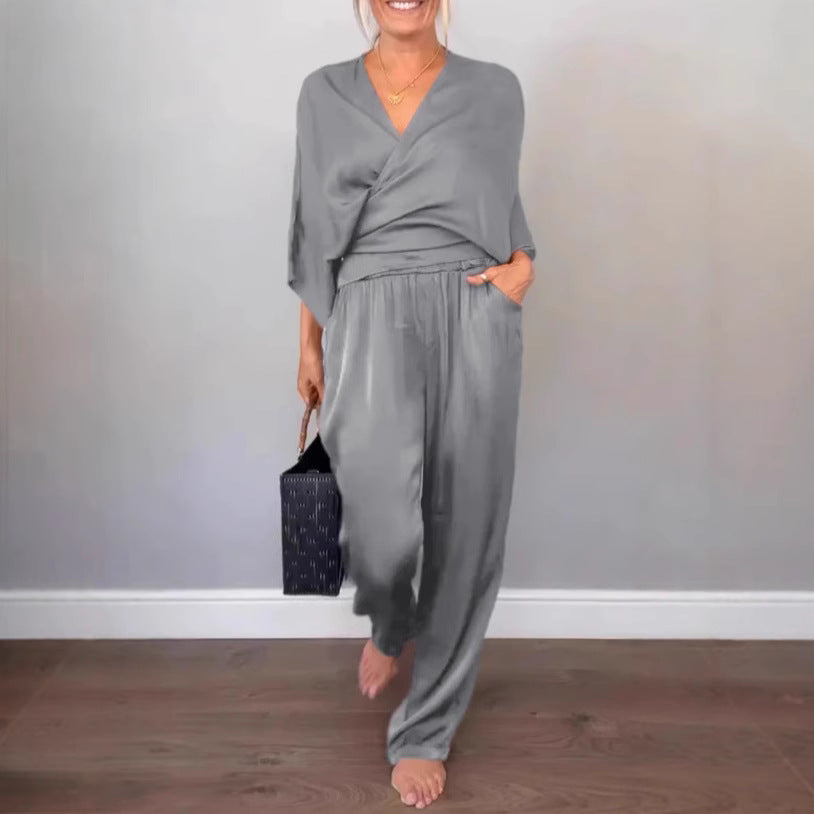 Damen Elegantes Wickeloberteil mit weitem Schnitt und passenden Palazzo-Hosen EB
