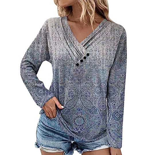 Damen Gerippter V-Ausschnitt Pullover mit Farbverlauf, Zierknöpfen und legerer Passform EB