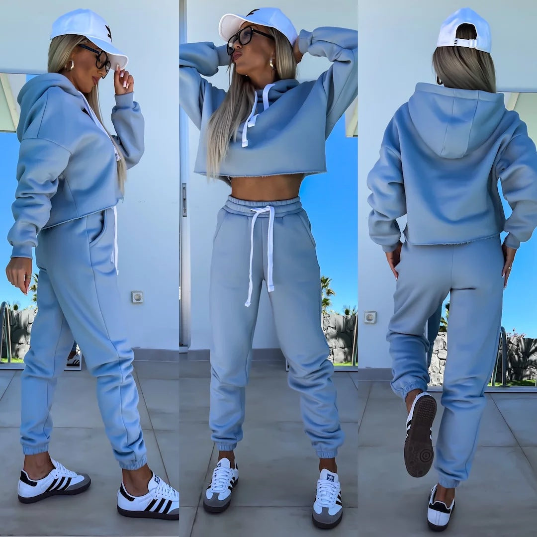 Damen modernes Hoodie-Jogginganzug-Set mit elastischem Bund und Kontrastdetails EB