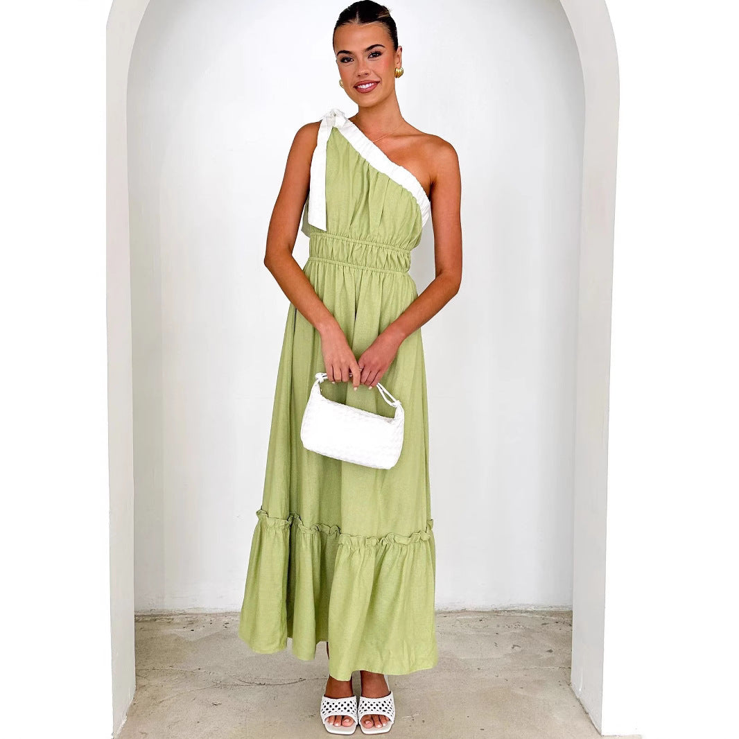 Damen Maxikleid mit asymmetrischem Schulterdesign und fließendem Faltenrock EB