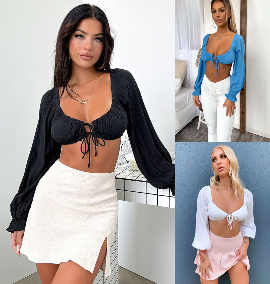 Damen Crop-Top mit Puffärmeln und verstellbarem Kordelzug EB