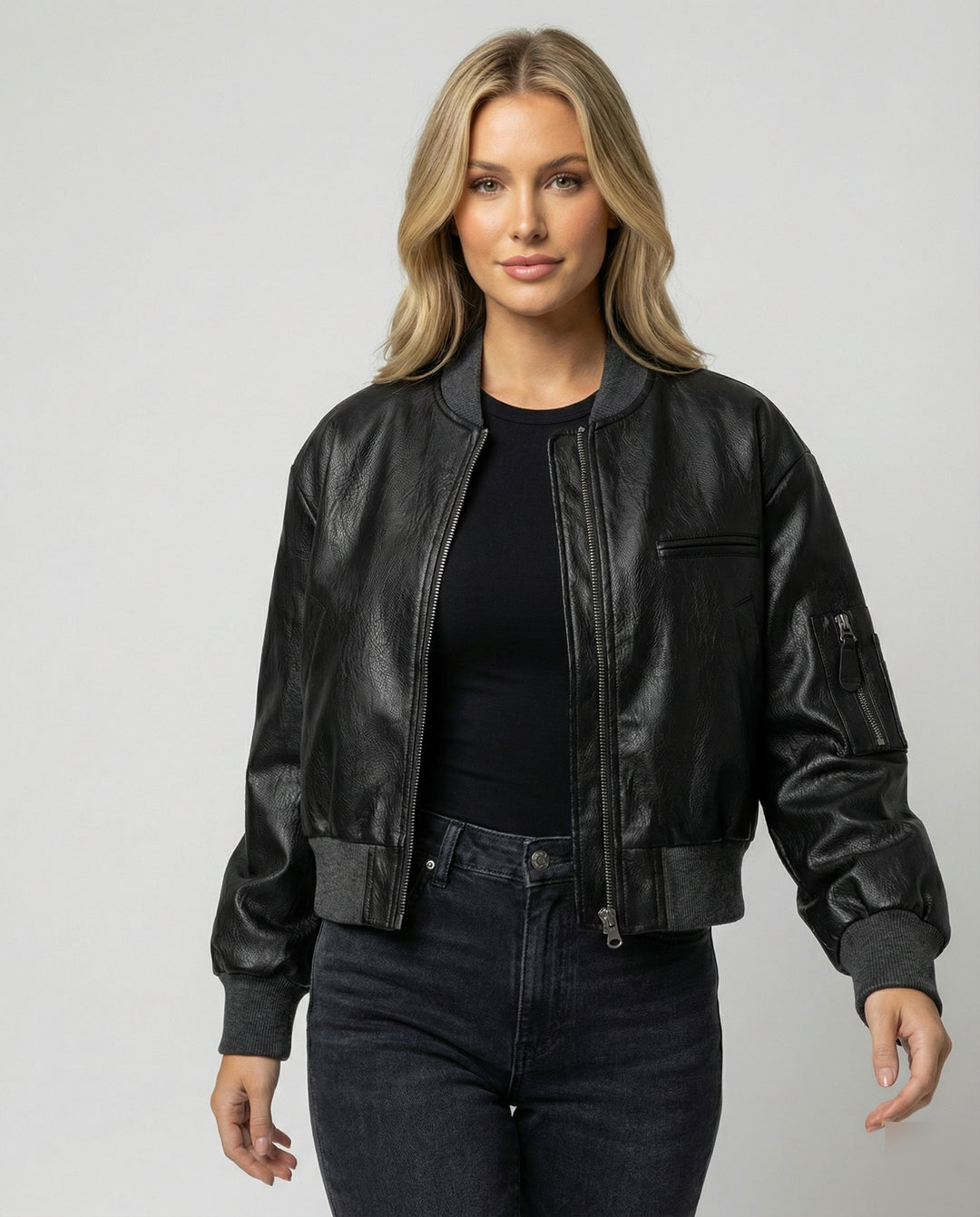Damen PU Lederjacke Schwarz Kurz American Style Baseball Jacke Bikerlook