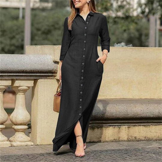 Damen Maxikleid Hemdblusenkleid mit Knopfleiste und Seitentaschen EB
