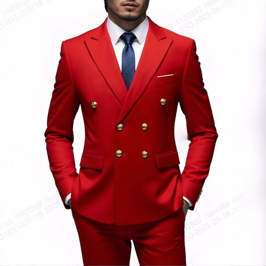 Herren nan doppelreihiger Slim-Fit Anzug mit goldenen Zierknöpfen und schmaler Businesshose EB