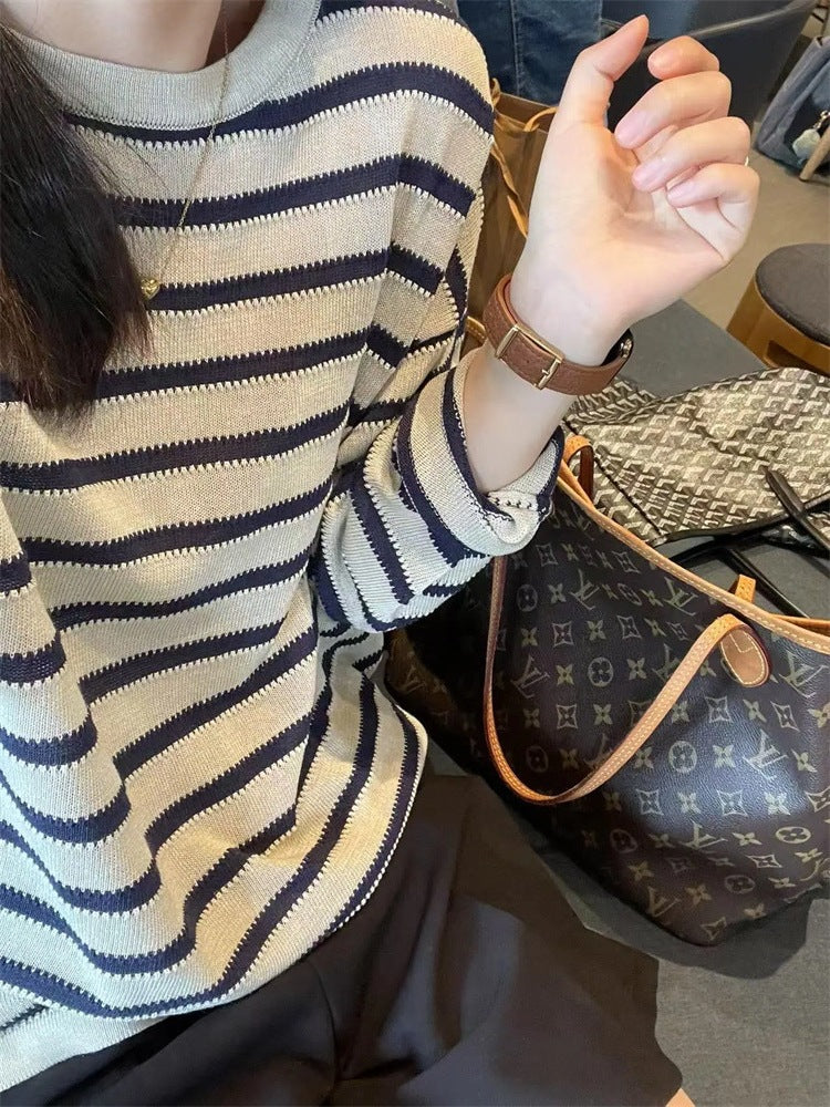 Damen Modischer Strickpullover mit maritimem Streifenmuster und lässigem Schnitt EB