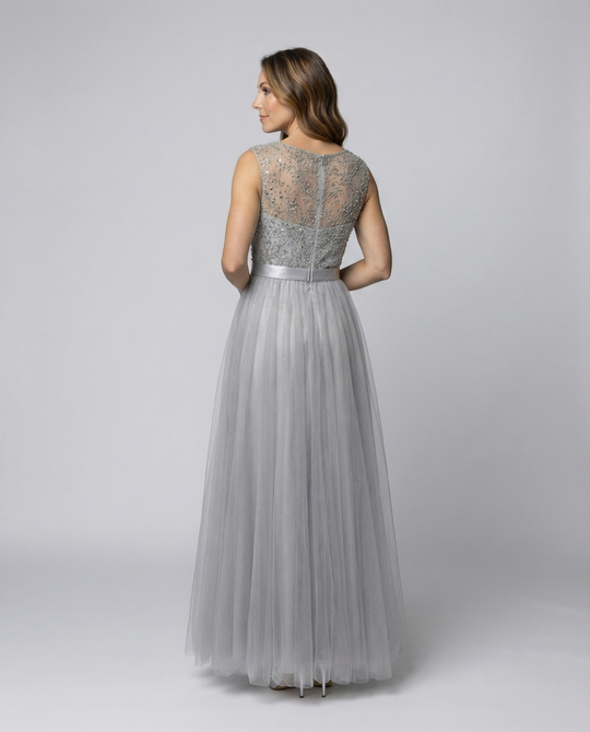 EB | Herz-Ausschnitt Maxi Ombre Grau Kleid mit Schaufel-Bodice