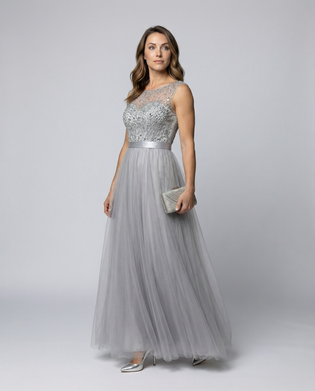 EB | Herz-Ausschnitt Maxi Ombre Grau Kleid mit Schaufel-Bodice