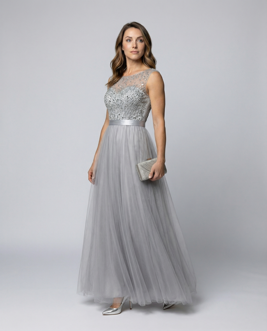 EB | Herz-Ausschnitt Maxi Ombre Grau Kleid mit Schaufel-Bodice