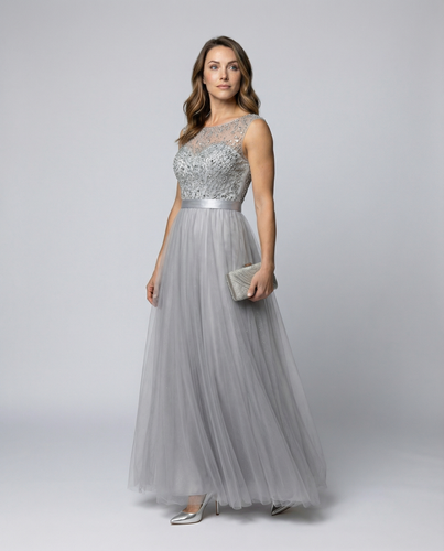 EB | Herz-Ausschnitt Maxi Ombre Grau Kleid mit Schaufel-Bodice