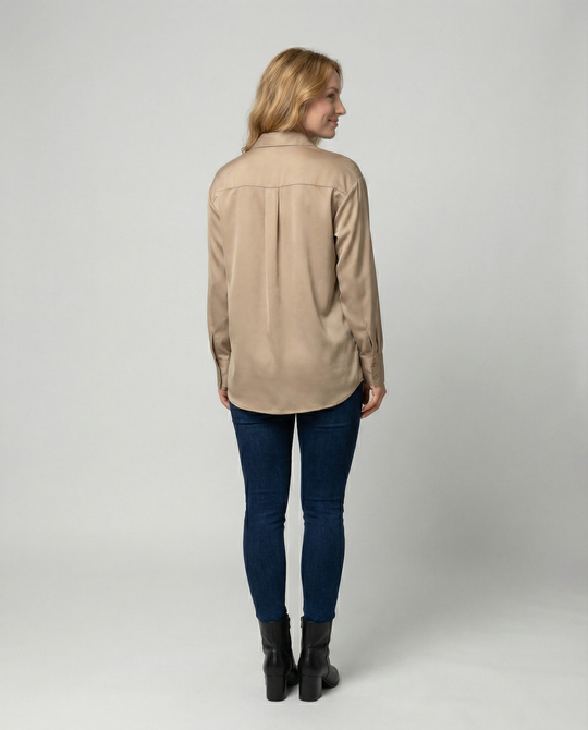 Damen satinierte Bluse mit Knopfverschluss und eleganter Knoten-Detail EB