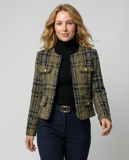 Damen Tweed-Blazerjacke mit goldenen Knöpfen EB