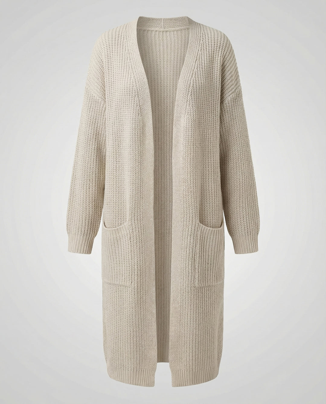 Damen Strickmantel mit Tiefem V-Ausschnitt und Seitlichen Eingrifftaschen EB