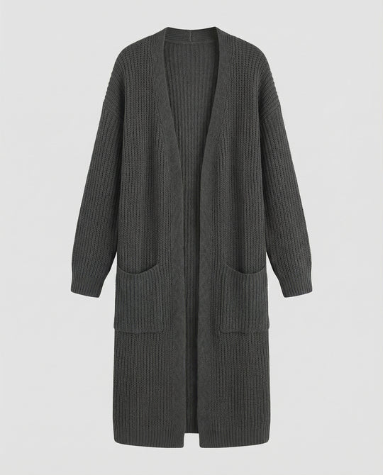 Damen Strickmantel mit Tiefem V-Ausschnitt und Seitlichen Eingrifftaschen EB