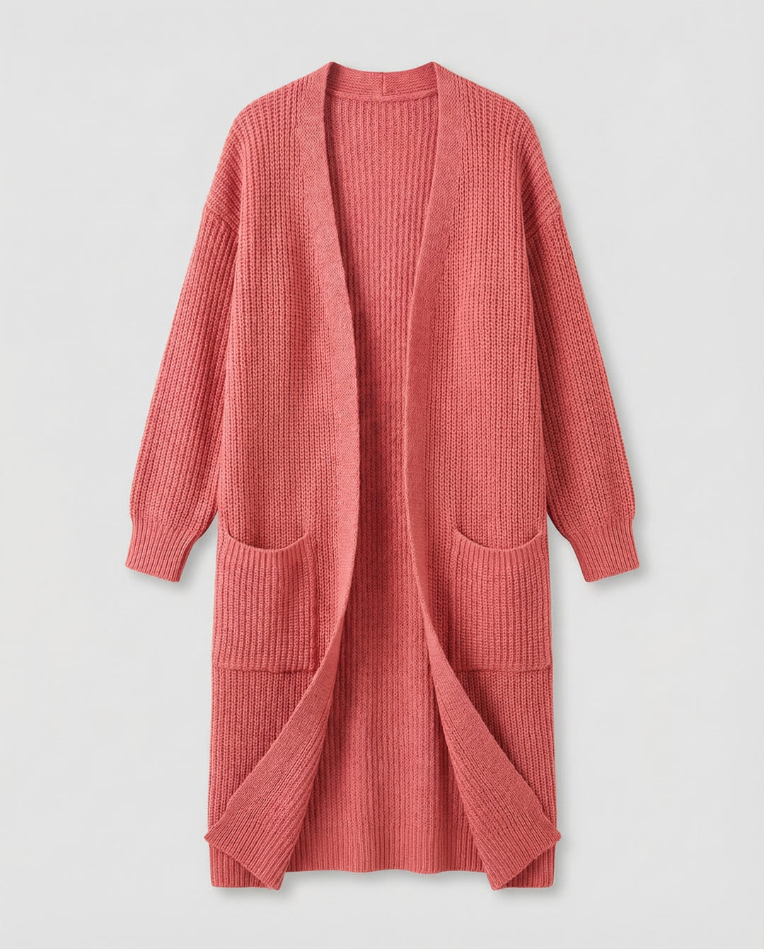 Damen Strickmantel mit Tiefem V-Ausschnitt und Seitlichen Eingrifftaschen EB