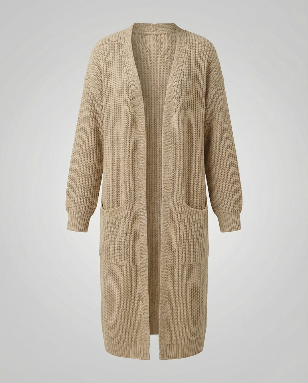 Damen Strickmantel mit Tiefem V-Ausschnitt und Seitlichen Eingrifftaschen EB