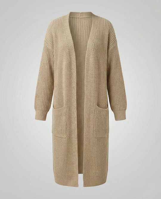 Damen Strickmantel mit Tiefem V-Ausschnitt und Seitlichen Eingrifftaschen EB