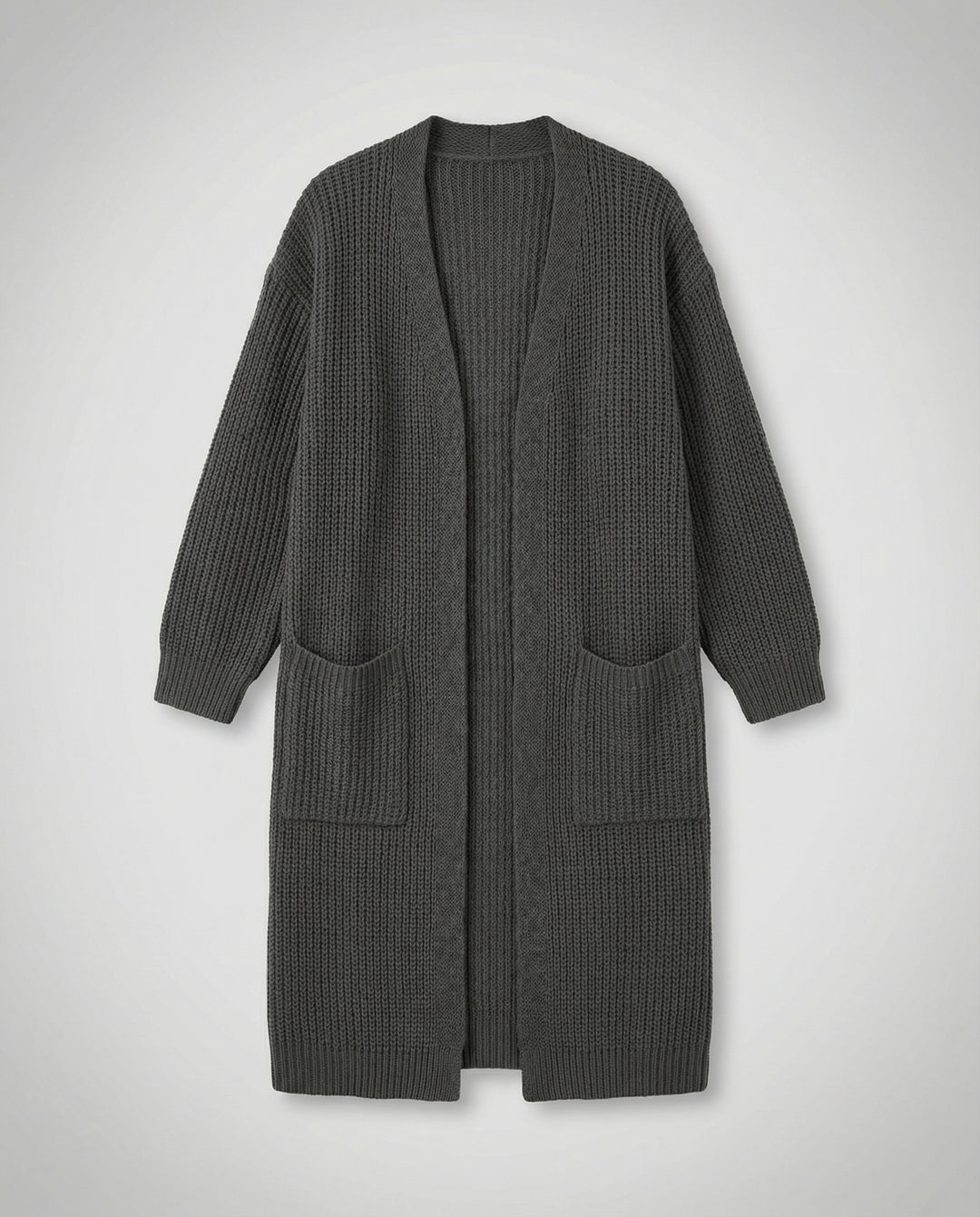 Damen Strickmantel mit Tiefem V-Ausschnitt und Seitlichen Eingrifftaschen EB